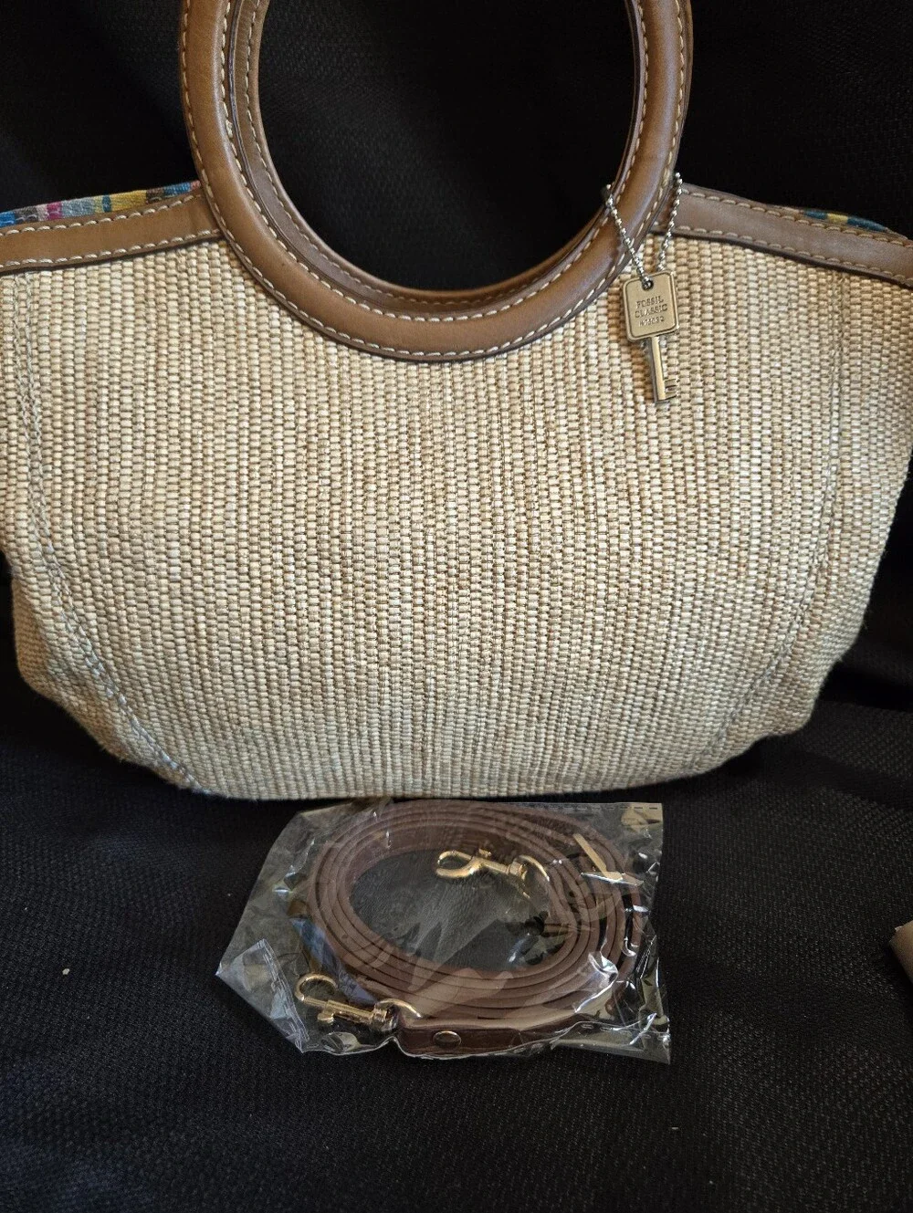 Fossil Woven Straw Tote with Brown Leather Handles NWOT